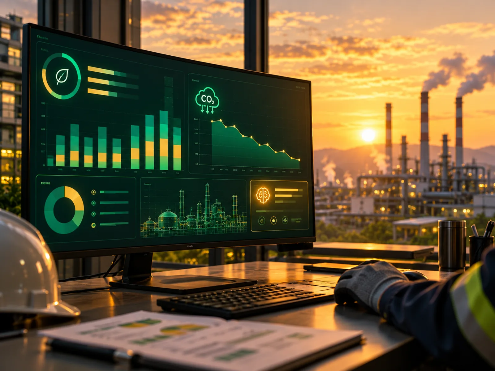 Plant control desk at sunset with a carbon emissions dashboard, factory chimneys in the background