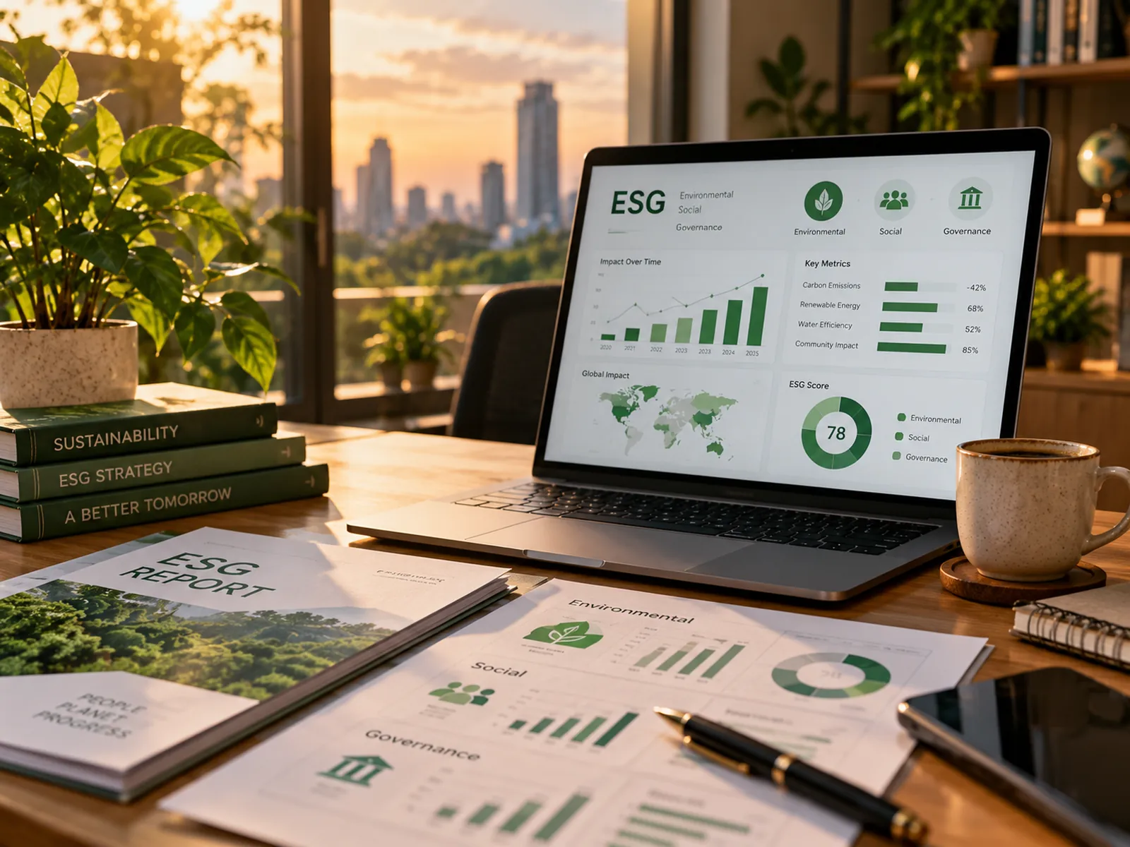 Desk with a laptop showing an ESG dashboard, printed ESG report and sustainability books at sunset