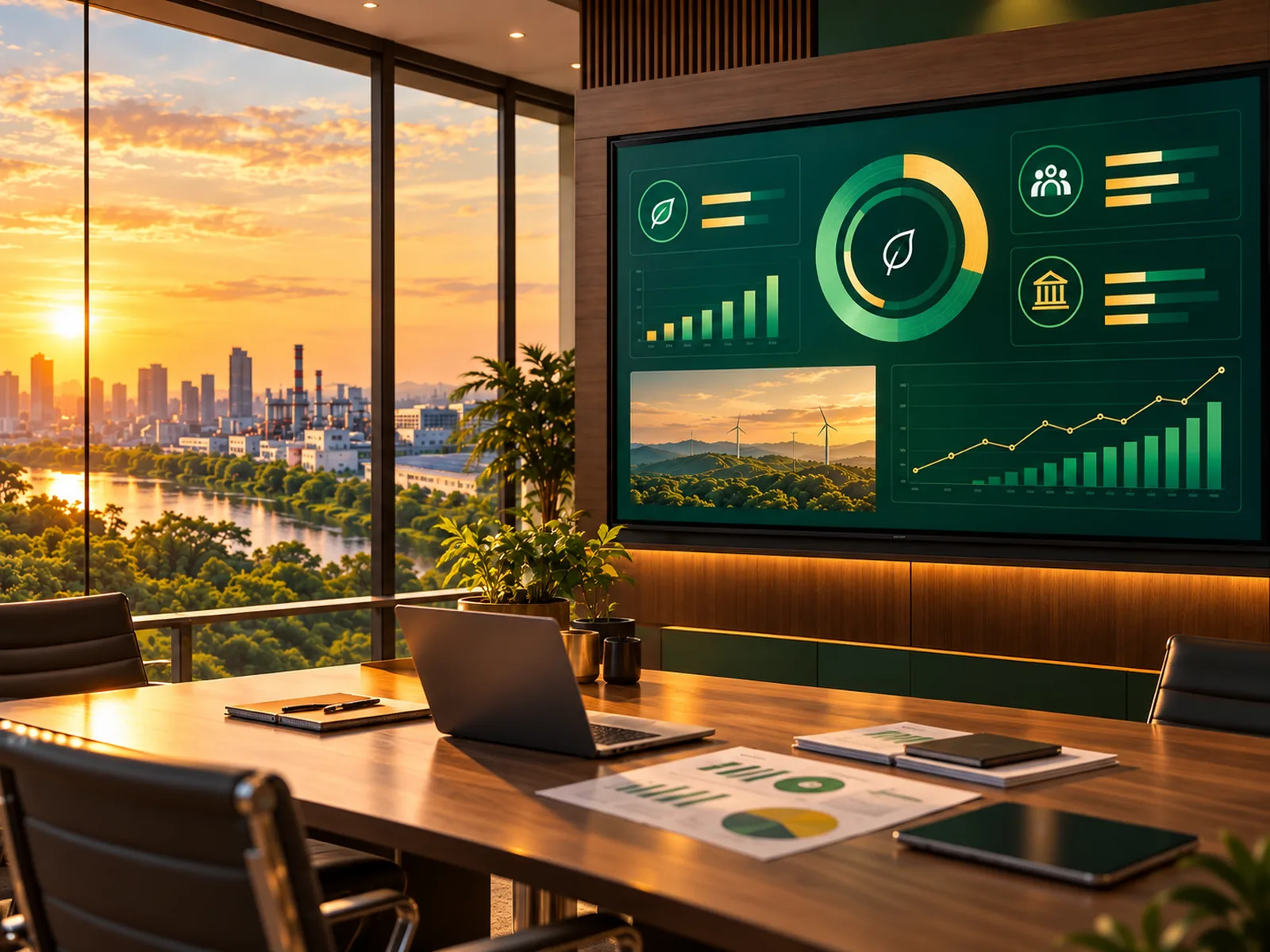 Boardroom at sunset with a large screen showing a sustainability score dashboard