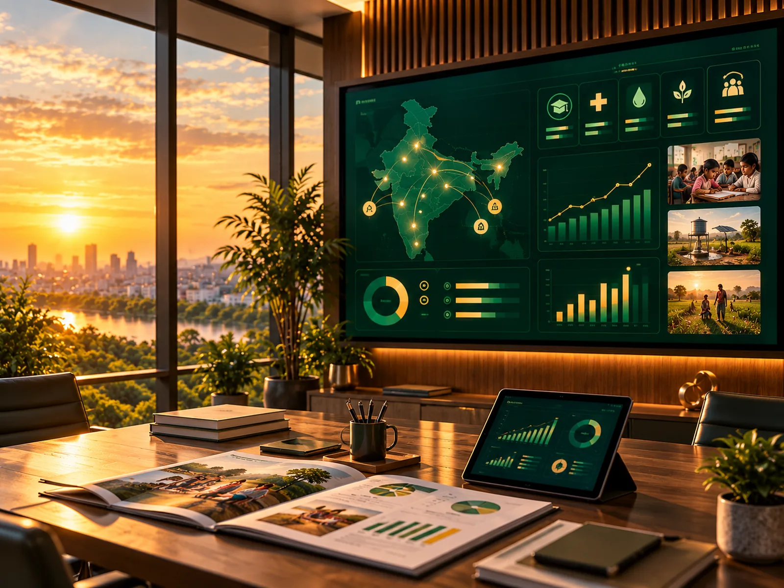 CSR office at sunset with a social impact dashboard showing an India map, programme photos and charts